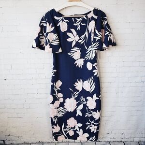 Eliza J Flutter Sleeve Sheath Dress Size 4 Navy Blue Floral NEW Wedding Guest